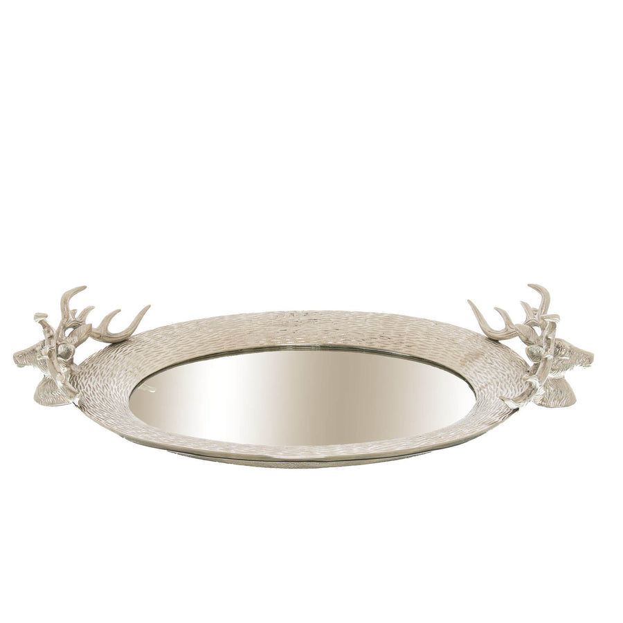 Handcrafted silver stag head mirror tray with ornate handles for coffee table or vanity decor. by Sostter at brixbailey.com
