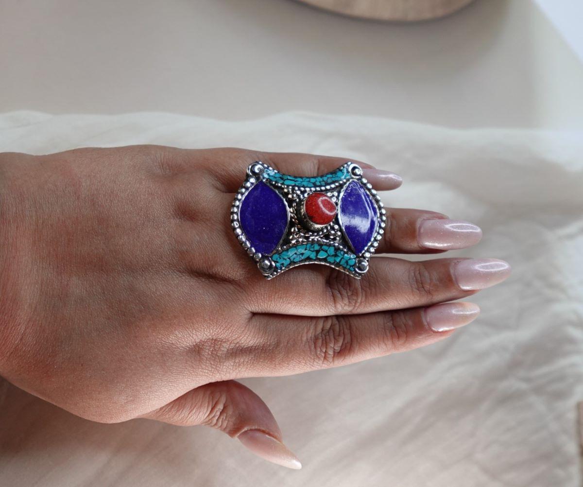 Tibetan Mosaic Heritage Rings – Boho Gemstone-Inspired Statement Rings.