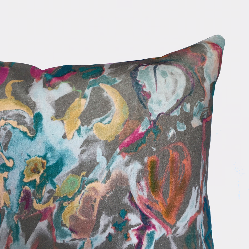 Watercolour Floral Velvet Cushion - Grey