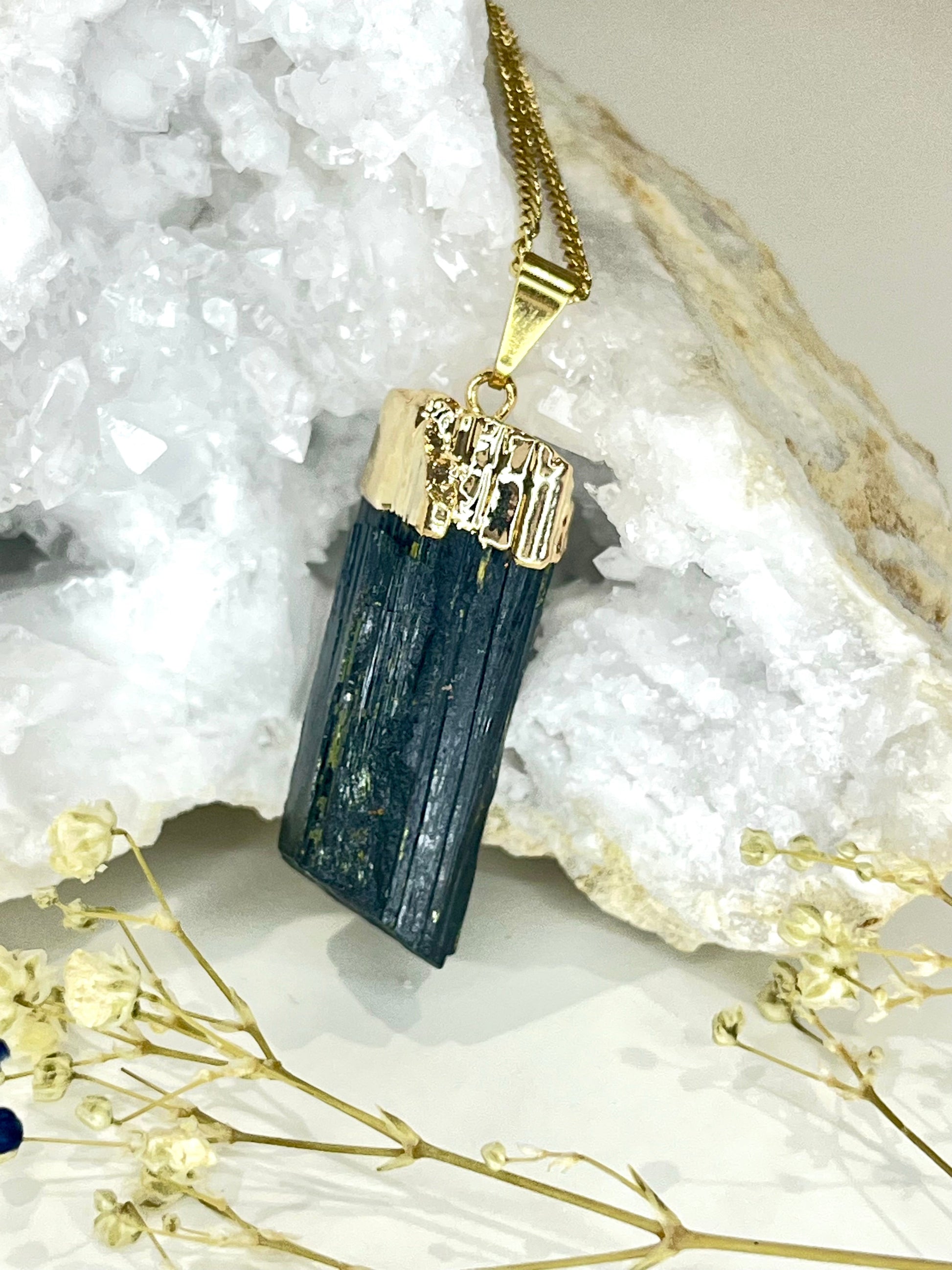 Gold Plated Black Tourmaline Wand Necklace for Protection and Grounding