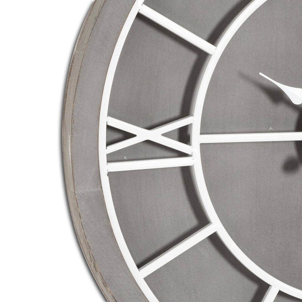 Williston Grey Wall Clock with Roman numerals, grey wood frame, and silver metal accents, 60cm diameter by sostter at brixbailey.com
