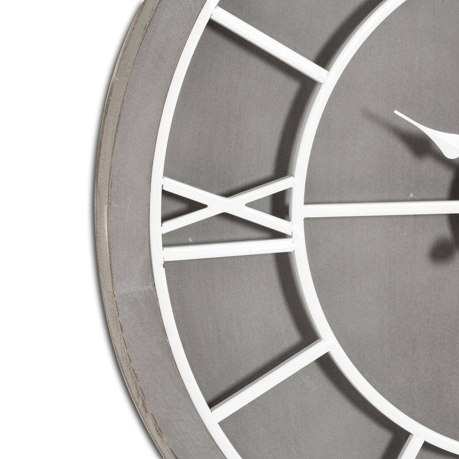 Williston Grey Wall Clock with Roman numerals, grey wood frame, and silver metal accents, 60cm diameter by Sostter at brixbailey.com