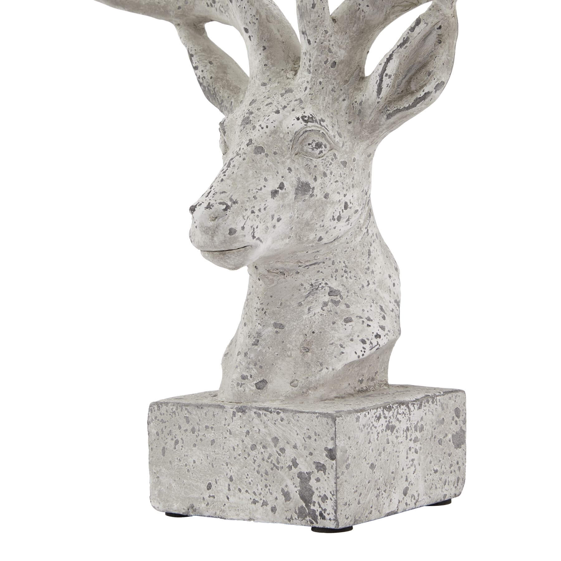 Stone-effect ceramic stag ornament with intricate antlers in matte grey for rustic home decor by Sostter at brixbailey.com