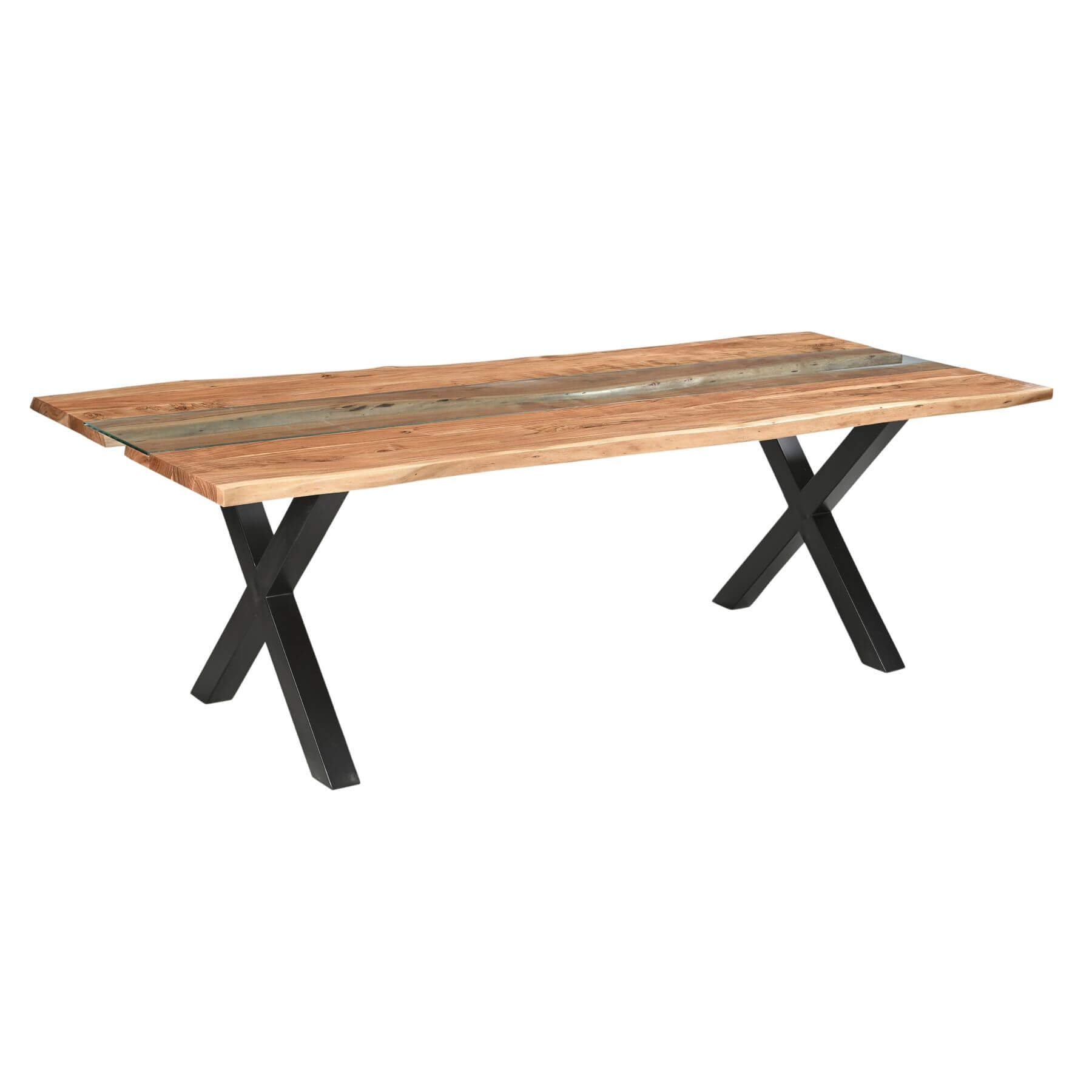 Live edge river dining table with acacia wood, glass center, and black steel legs, modern rustic design. by RoomLondon at brixbailey.com