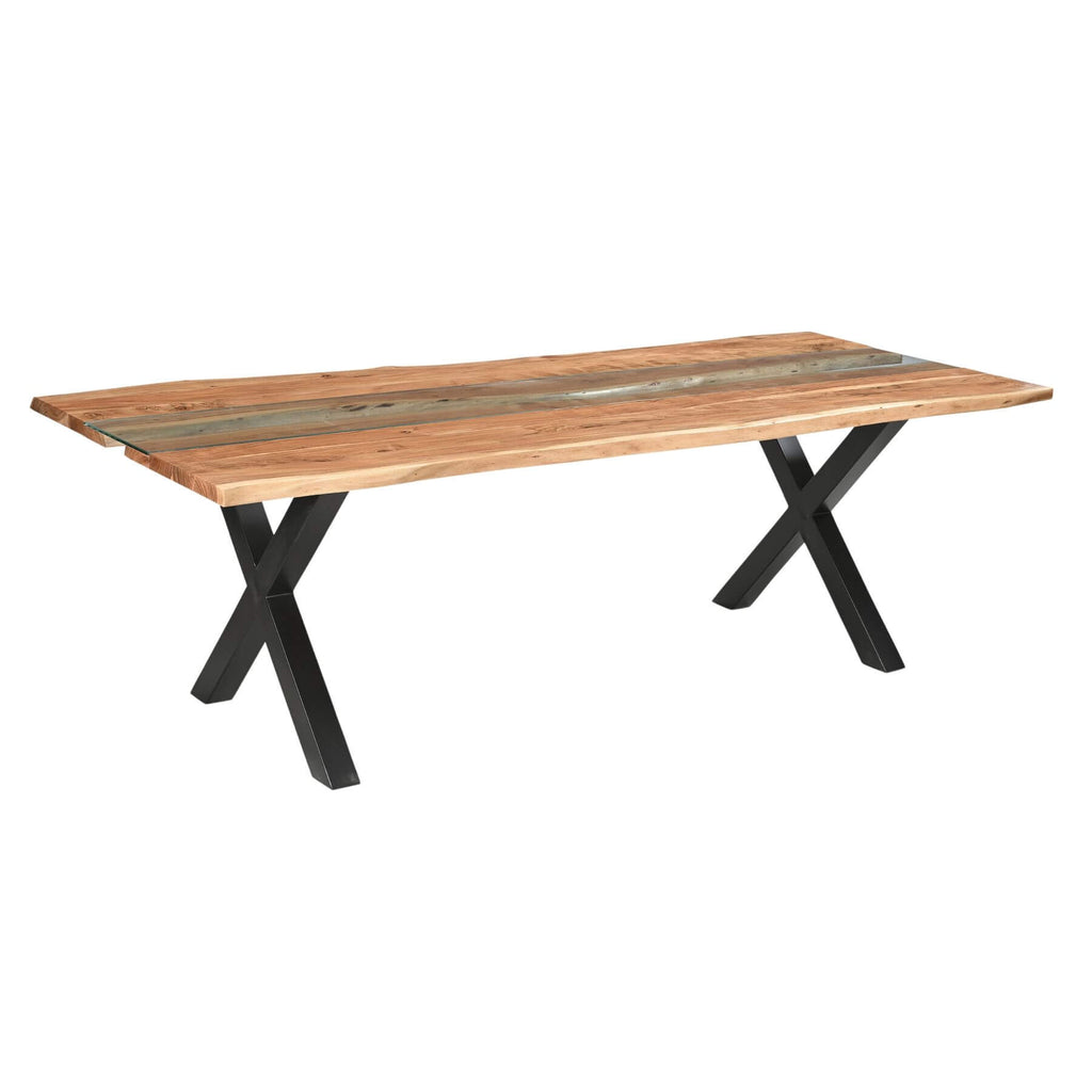 Live edge river dining table with acacia wood, glass center, and black steel legs, modern rustic design. by Sostter at brixbailey.com