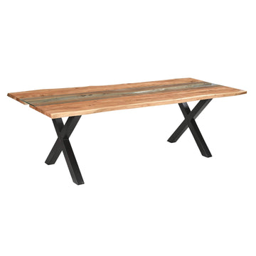 Live edge river dining table with acacia wood, glass center, and black steel legs, modern rustic design. by Sostter at brixbailey.com