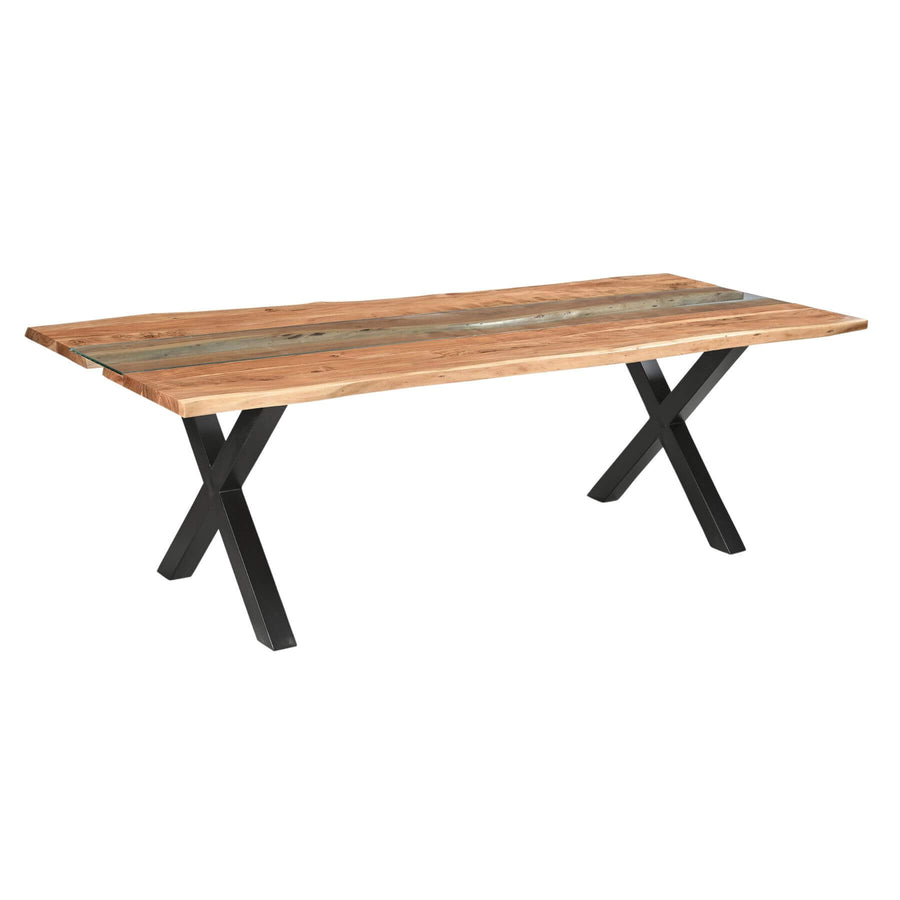 Live edge river dining table with acacia wood, glass center, and black steel legs, modern rustic design. by Sostter at brixbailey.com