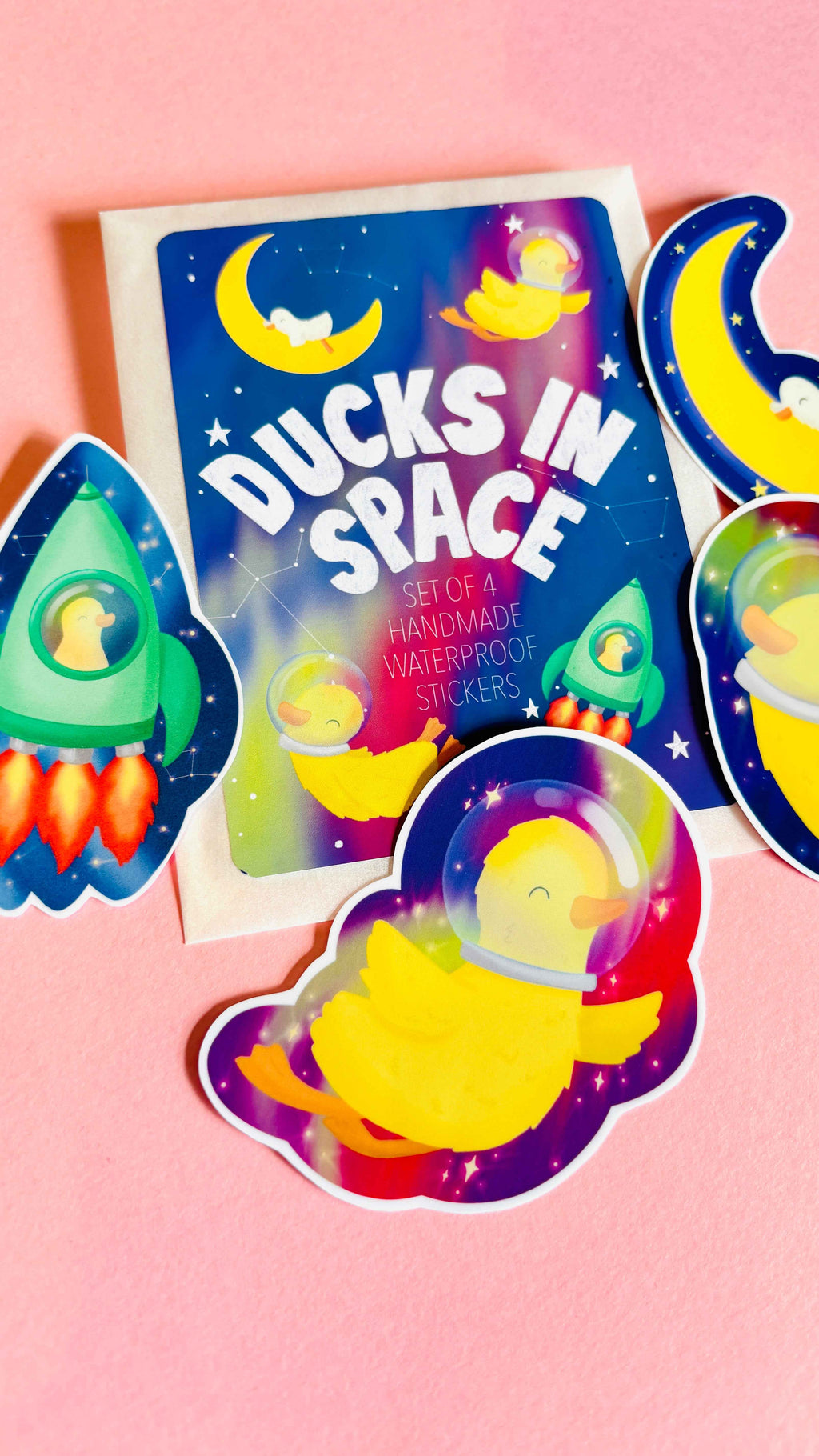 Space Duck Sticker Set- 4 Handmade 7cm Waterproof Vinyl Stickers