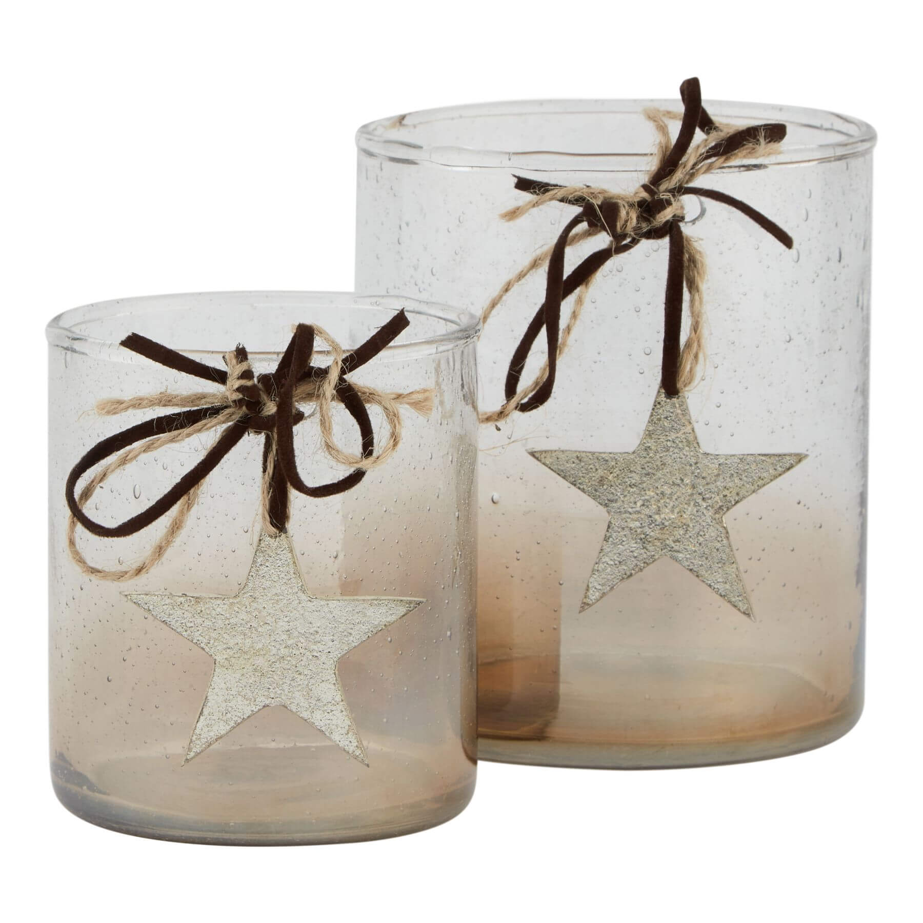 Handcrafted glass coffee ombre votive with floating star, twine bow, and clear-to-brown gradient for rustic-modern decor. by RoomLondon at brixbailey.com