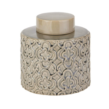 Handcrafted ceramic urn with Marrakesh-inspired raised patterns, cool grey glaze, and removable lid â€“ modern artisan home decor. by Sostter at brixbailey.com