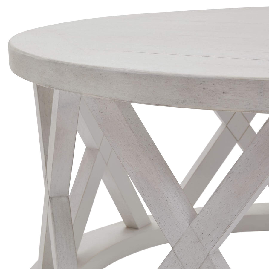 Round distressed white pine coffee table with lattice design, rustic-modern centerpiece for living room by Sostter at brixbailey.com