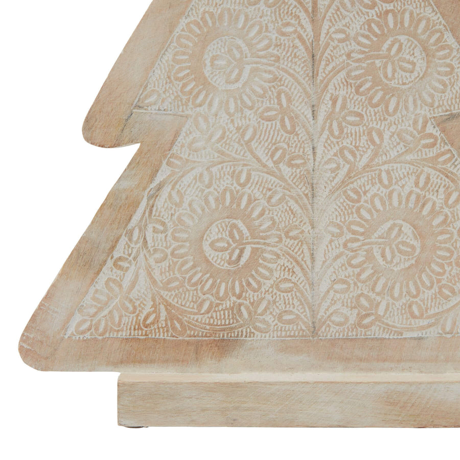 Handcrafted white-washed wooden decorative tree with intricate carvings, warm brown base, and modern rustic design. by Sostter at brixbailey.com