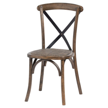 Elm cross-back dining chair with handwoven rush seat and black metal accents, warm brown finish by Sostter at brixbailey.com