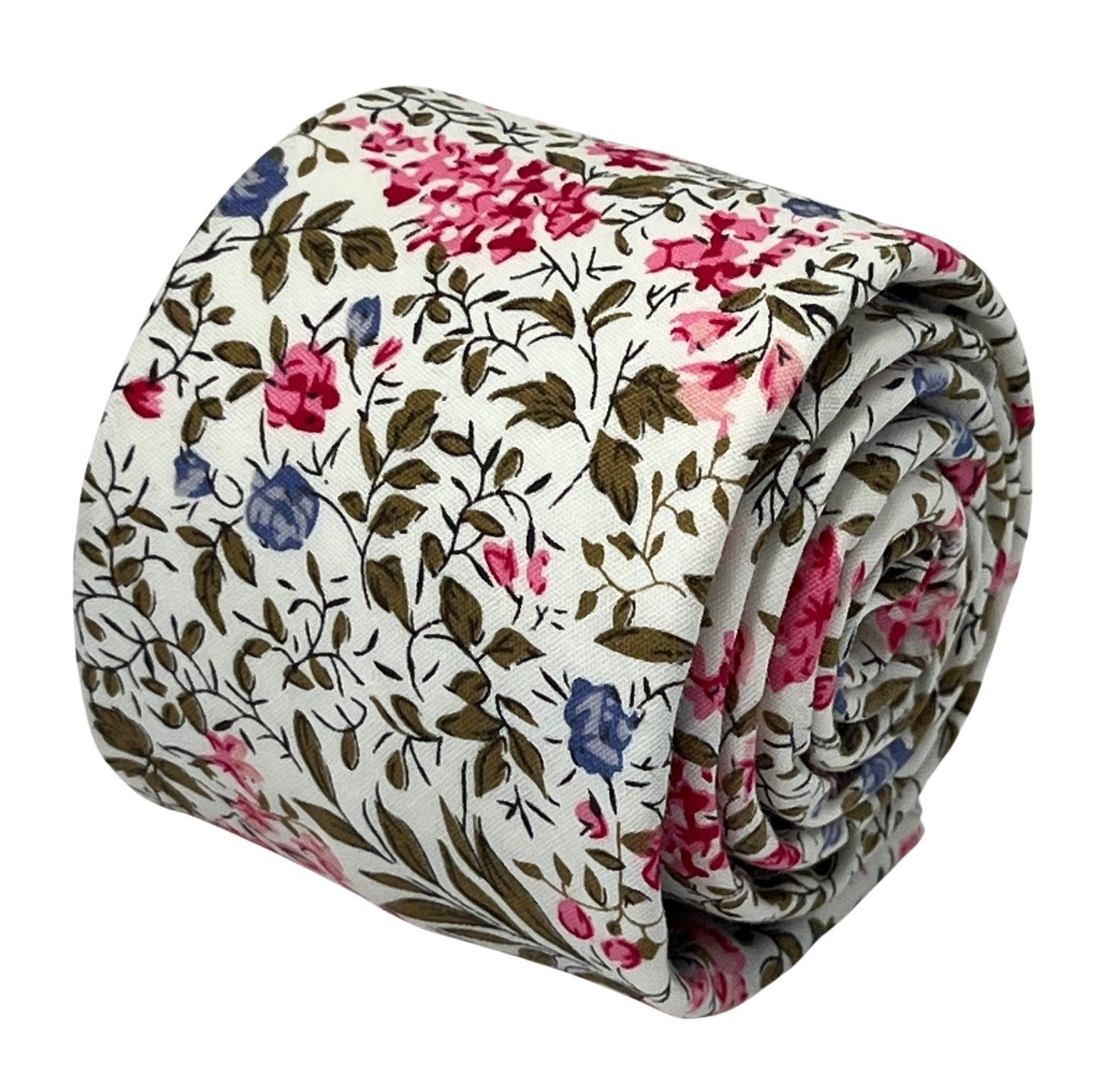 Ivory Pink Cotton Tie and Pocket Square with English Wildflower Garden Design