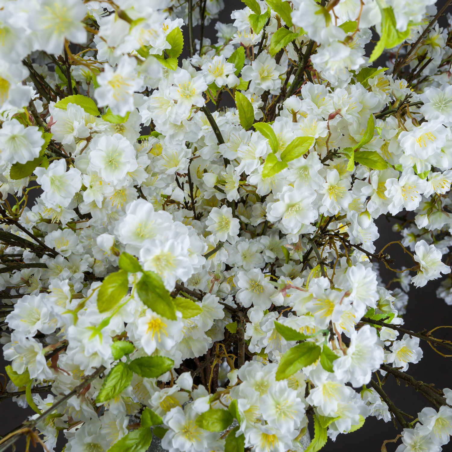 Lifelike white cherry blossom floral spray with burgundy accents, 124cm tall, premium plastic petals by Sostter at brixbailey.com