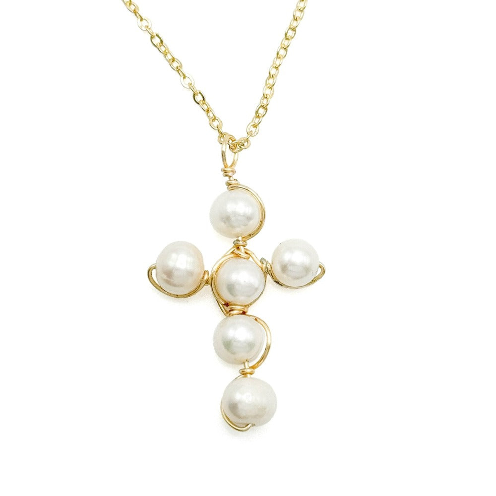 Good News Gold Necklace with Freshwater Pearl Cross