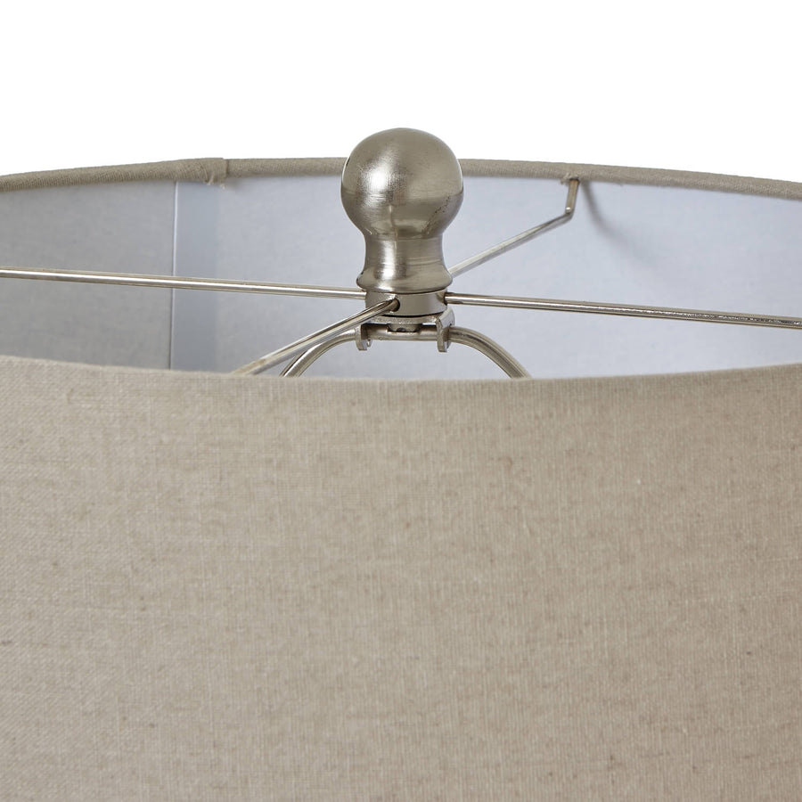 White beaded ceramic table lamp with linen shade, elegant home decor lighting for modern or coastal interiors by Sostter at brixbailey.com