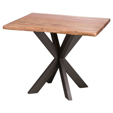 Handcrafted live edge dining table in Indian acacia wood with grey metal legs, showcasing natural grain for rustic modern decor by Sostter at brixbailey.com
