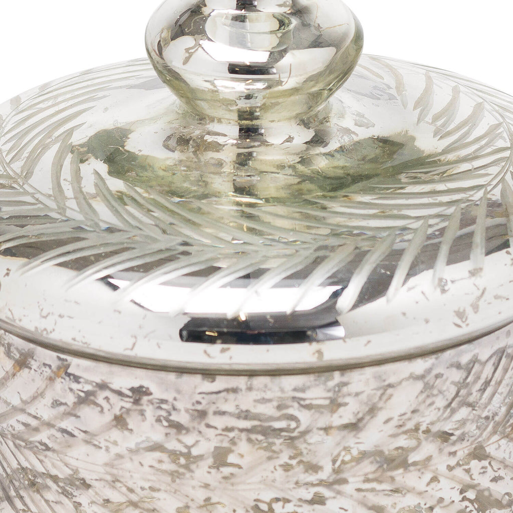 Handcrafted silver foil glass trinket jar with etched pattern, perfect for jewelry storage or decor. by RoomLondon at brixbailey.com