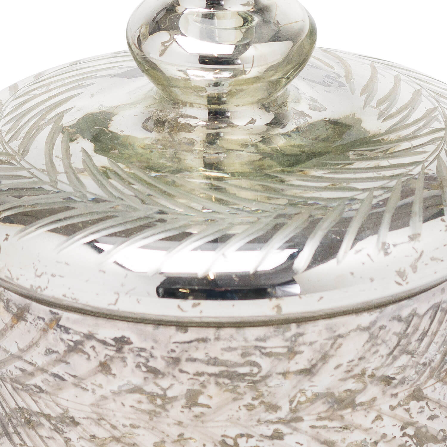 Handcrafted silver foil glass trinket jar with etched pattern, perfect for jewelry storage or decor. by RoomLondon at brixbailey.com