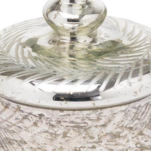 Handcrafted silver foil glass trinket jar with etched pattern, perfect for jewelry storage or decor. by RoomLondon at brixbailey.com