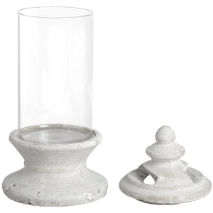 White stone hurricane lantern candle holder with glass walls, 33cm tall, for LED candles and home decor ambiance by sostter at brixbailey.com