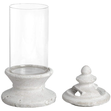 White stone hurricane lantern candle holder with glass walls, 33cm tall, for LED candles and home decor ambiance by Sostter at brixbailey.com