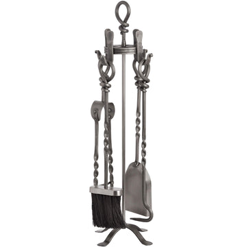 Hand-turned pewter fireplace set with poker, shovel, brush, and tongs on weighted stand, polished nickel alloy finish. by Sostter at brixbailey.com