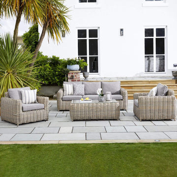 Premium beige HDPE wicker outdoor patio set with Olefin cushions and aluminum frame, includes coffee table by Hill Interiors at brixbailey.com