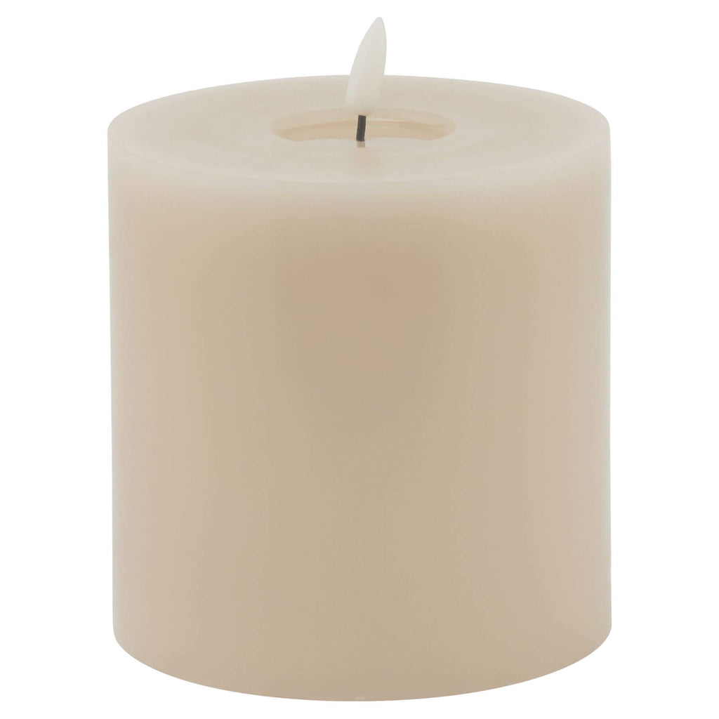 Lifelike taupe LED wax candle with realistic melt effect and flickering glow for home decor ambiance by Sostter at brixbailey.com