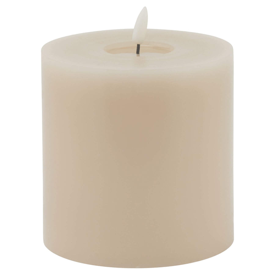 Lifelike taupe LED wax candle with realistic melt effect and flickering glow for home decor ambiance by Sostter at brixbailey.com
