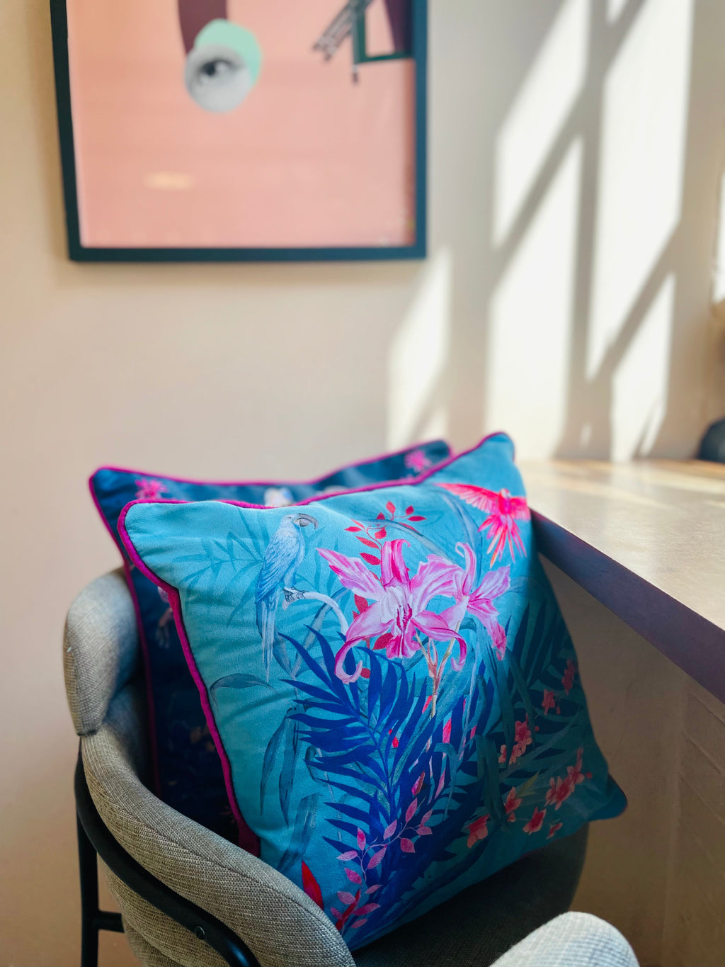 Turquoise Tropical Watercolour Cushion Jungala Double Sided Vegan Suede