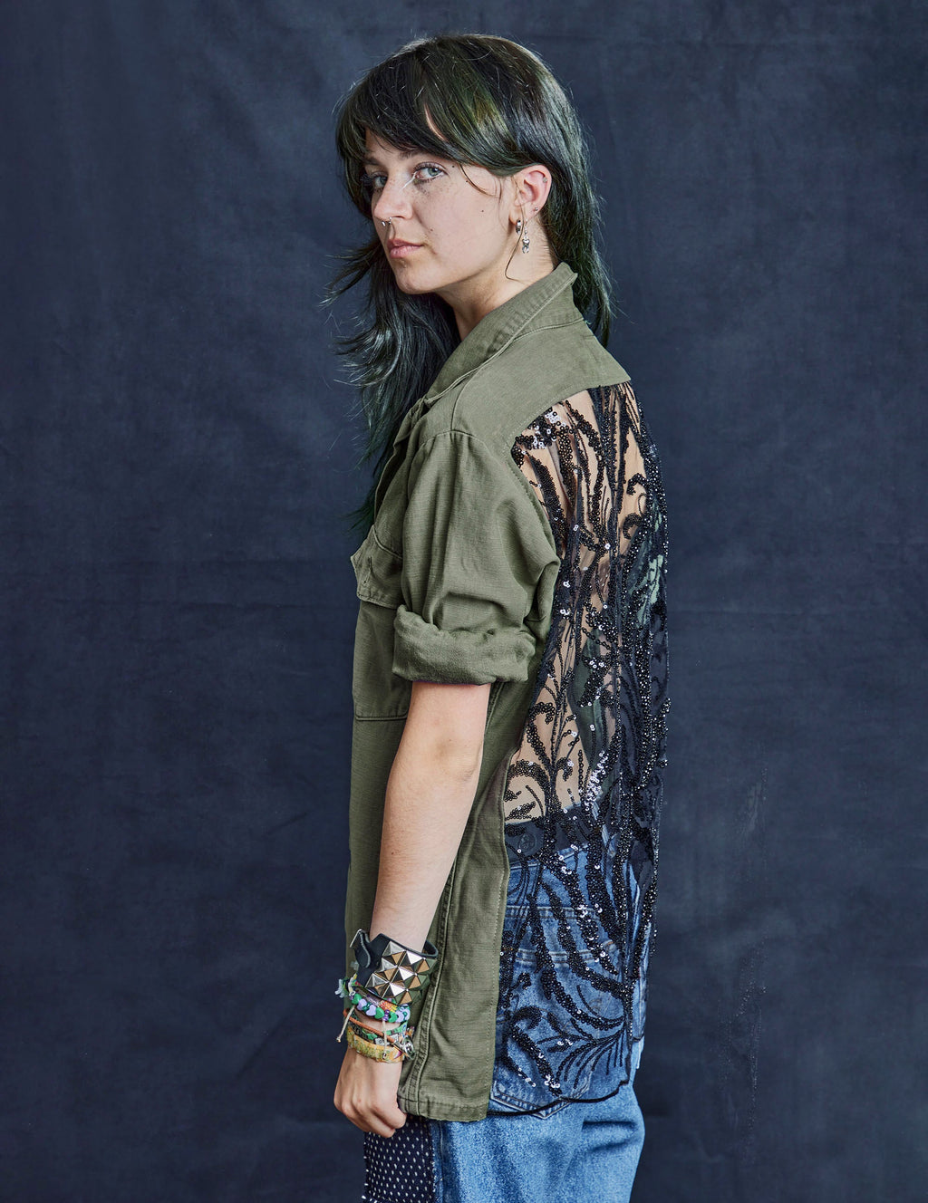 Party Back Shirt - Black Sequin - Khaki