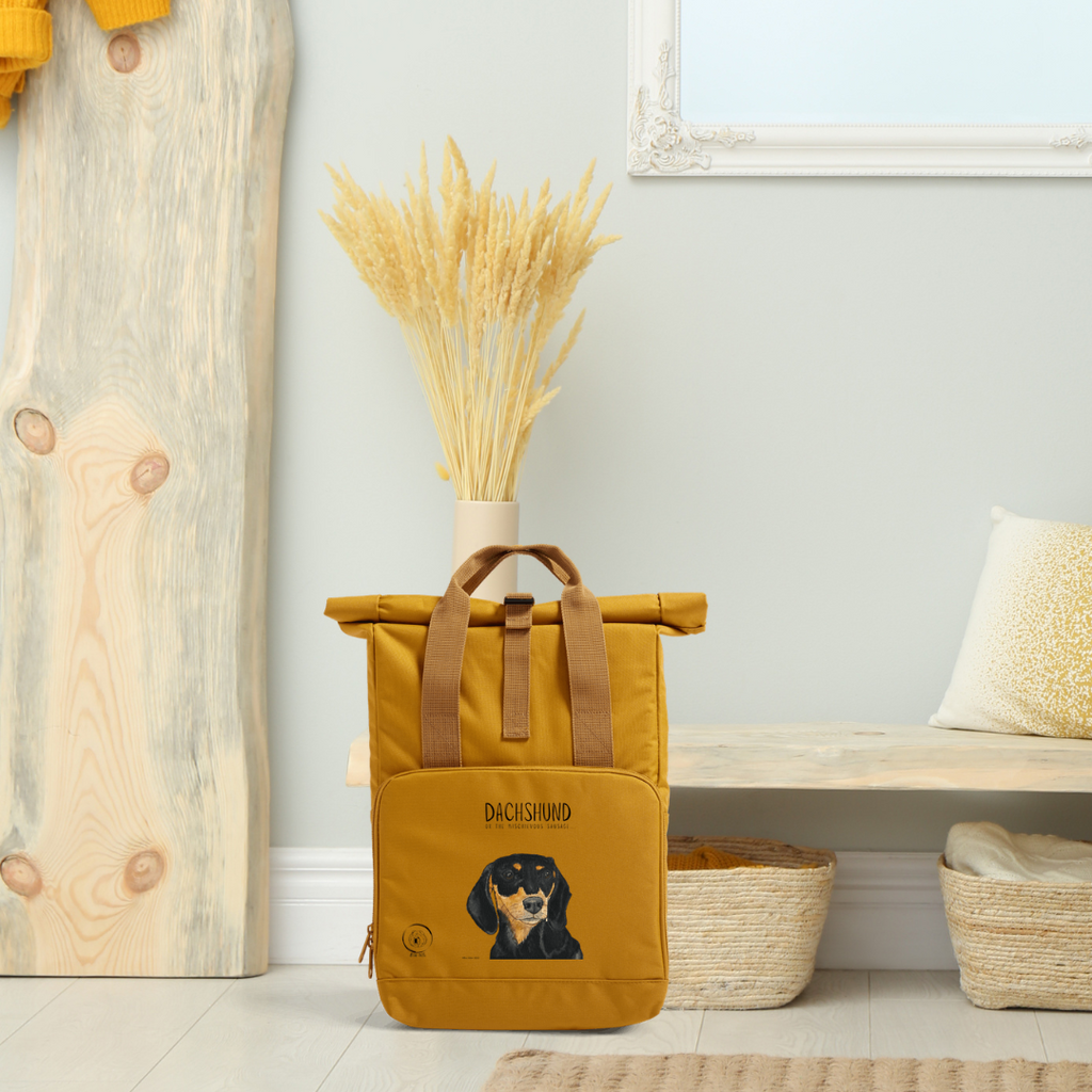 Back & Tan Dachshund Roll-Top Backpack – Small Dog, Big Adventure!