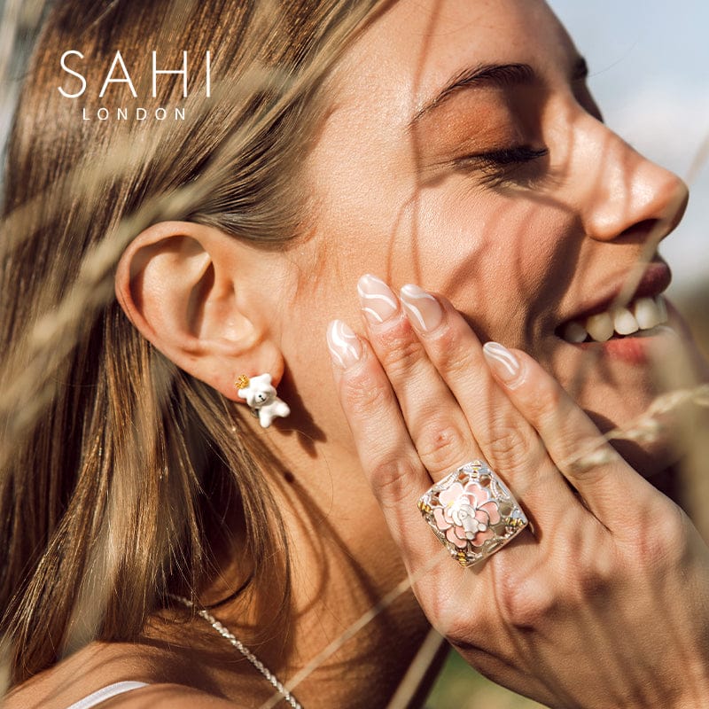 Gold Enameled Square Camellia Bear Ring