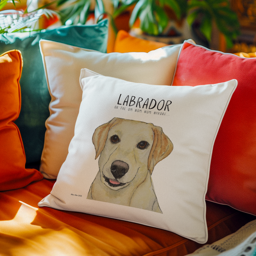 “Sofa? I Thought You Said ‘Snaccha!’” – Labrador Om Nom Nomnivore Cushion Cover