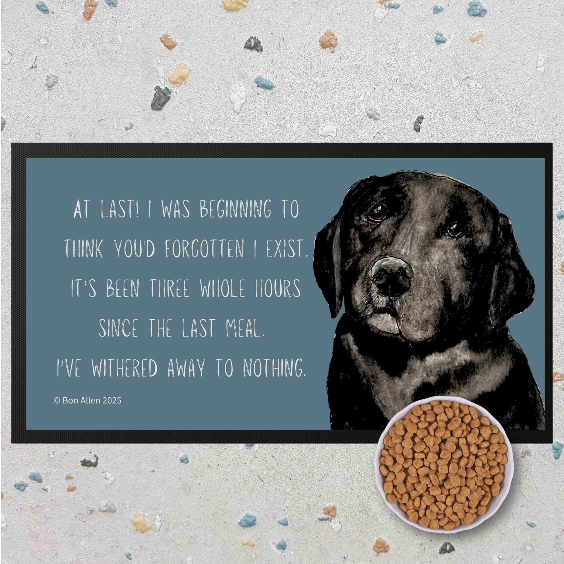 Starving Since Breakfast Pet Bowl Mat – Featuring the Black Labrador