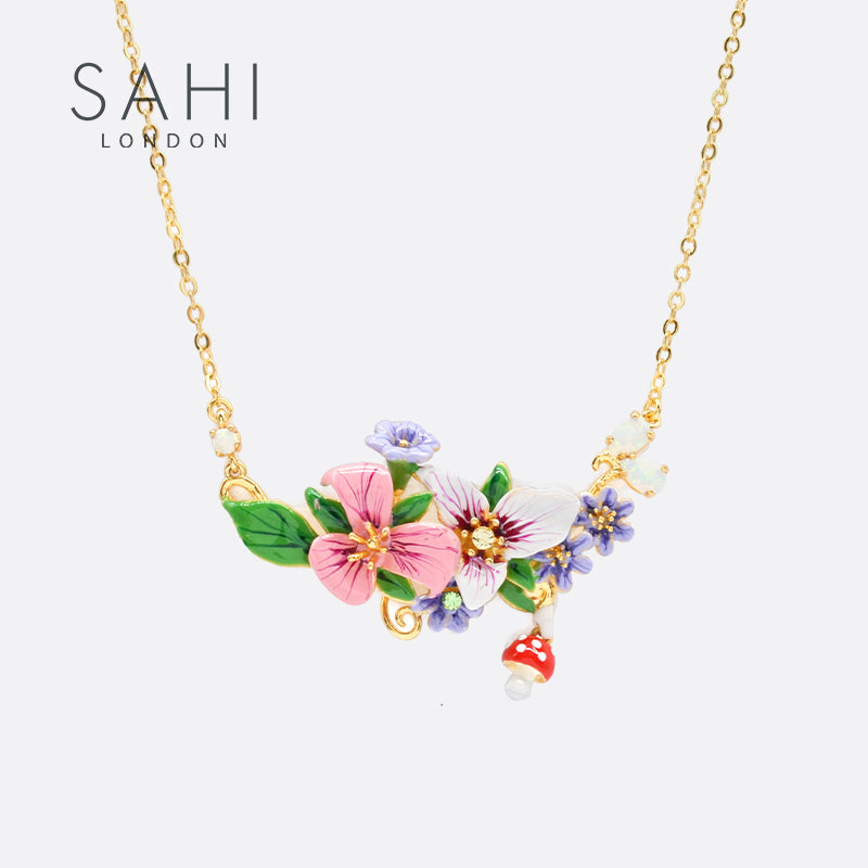 Enchanting Garden Pendant Necklace Hand Enameled Gold Plated