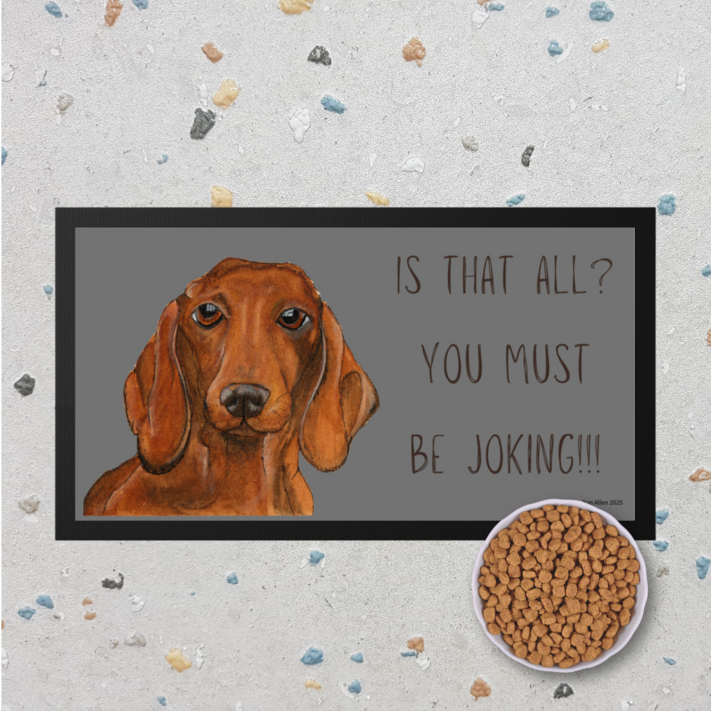 Dachshund Dining Drama – Hilarious Pet Bowl Mat!