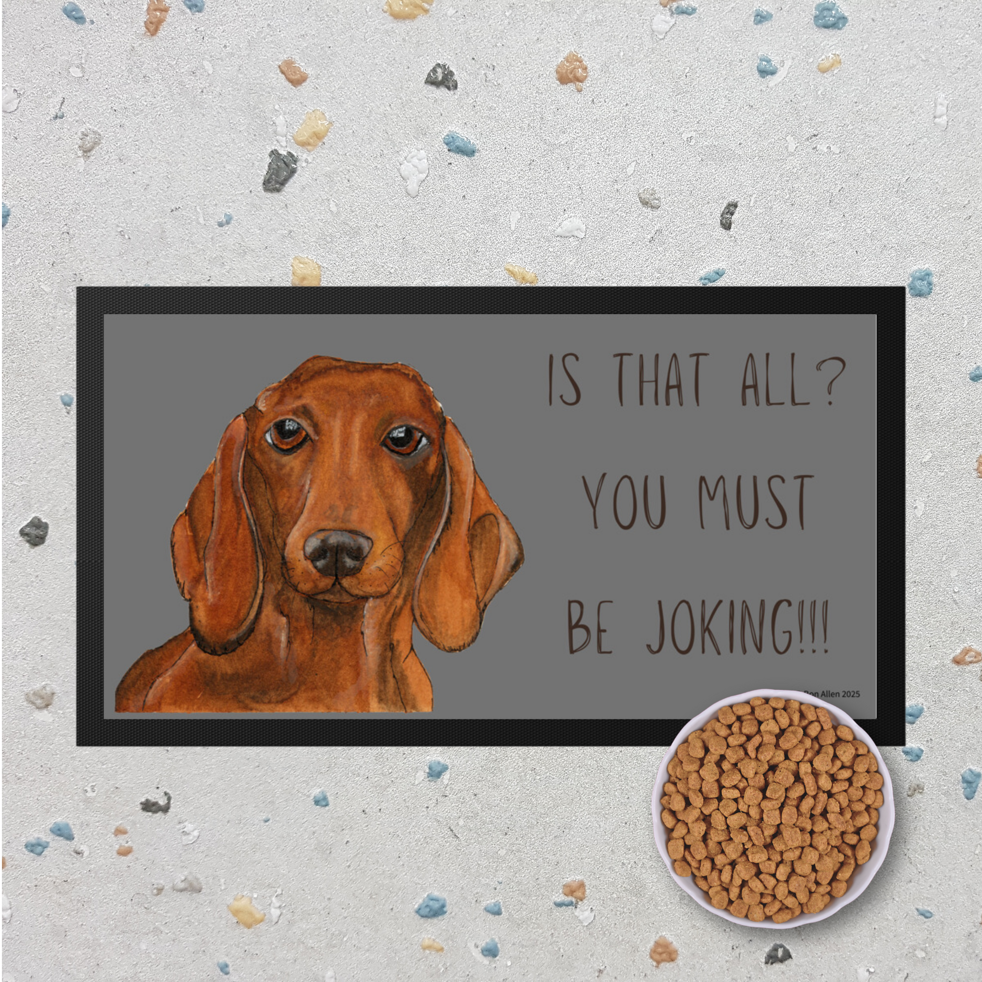 Dachshund Dining Drama – Hilarious Pet Bowl Mat!