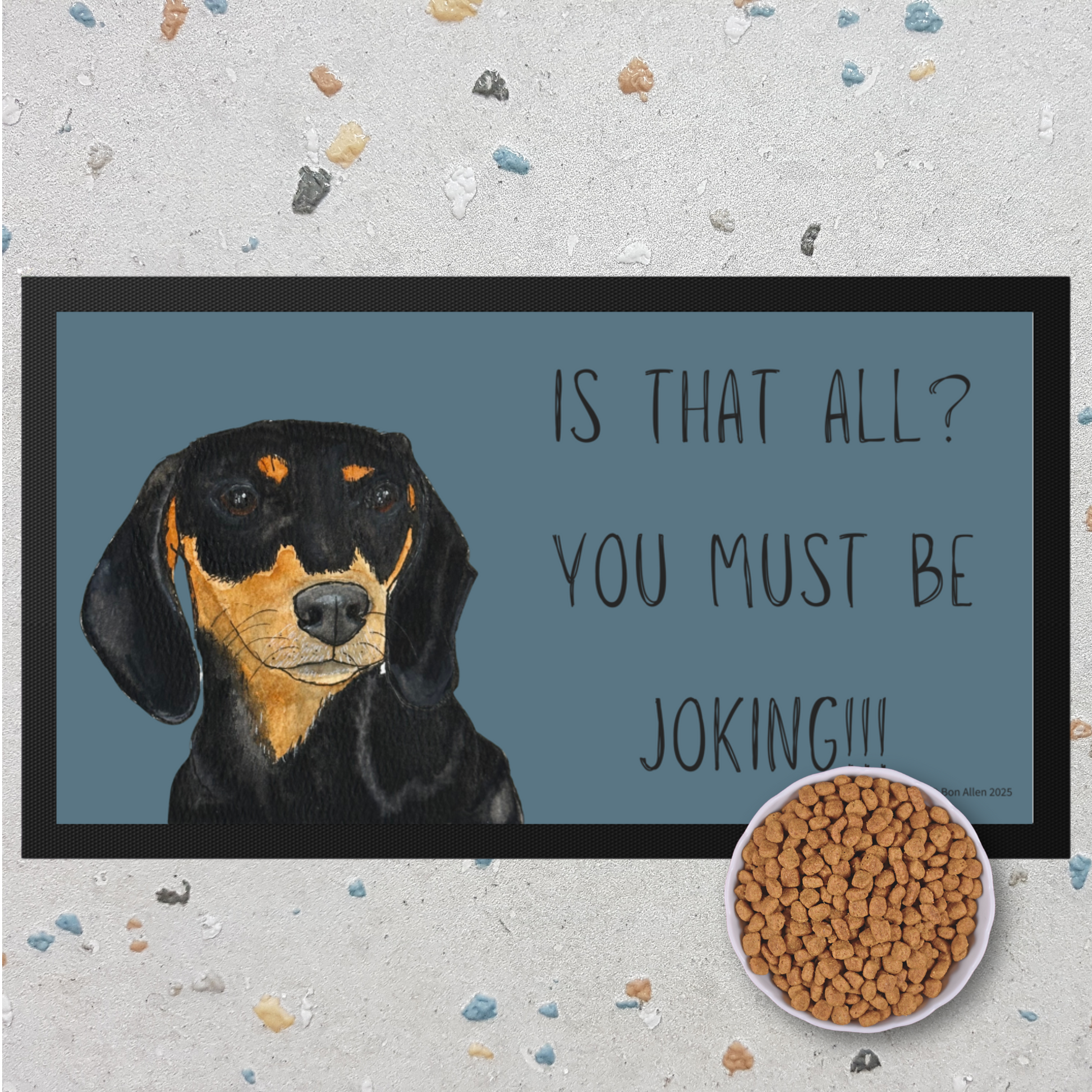 Black & Tan Dachshund Dining Drama – Hilarious Pet Bowl Mat!
