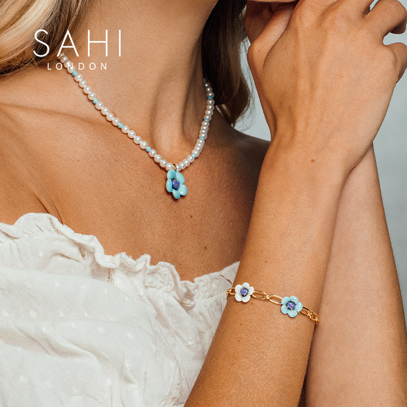 Monster Enamel Flower Adjustable Bracelet in Blue and White