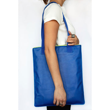 Silver Leather Tote with Blue Straps – Handmade & Ethical by Daz Studio at www.brixbailey.com