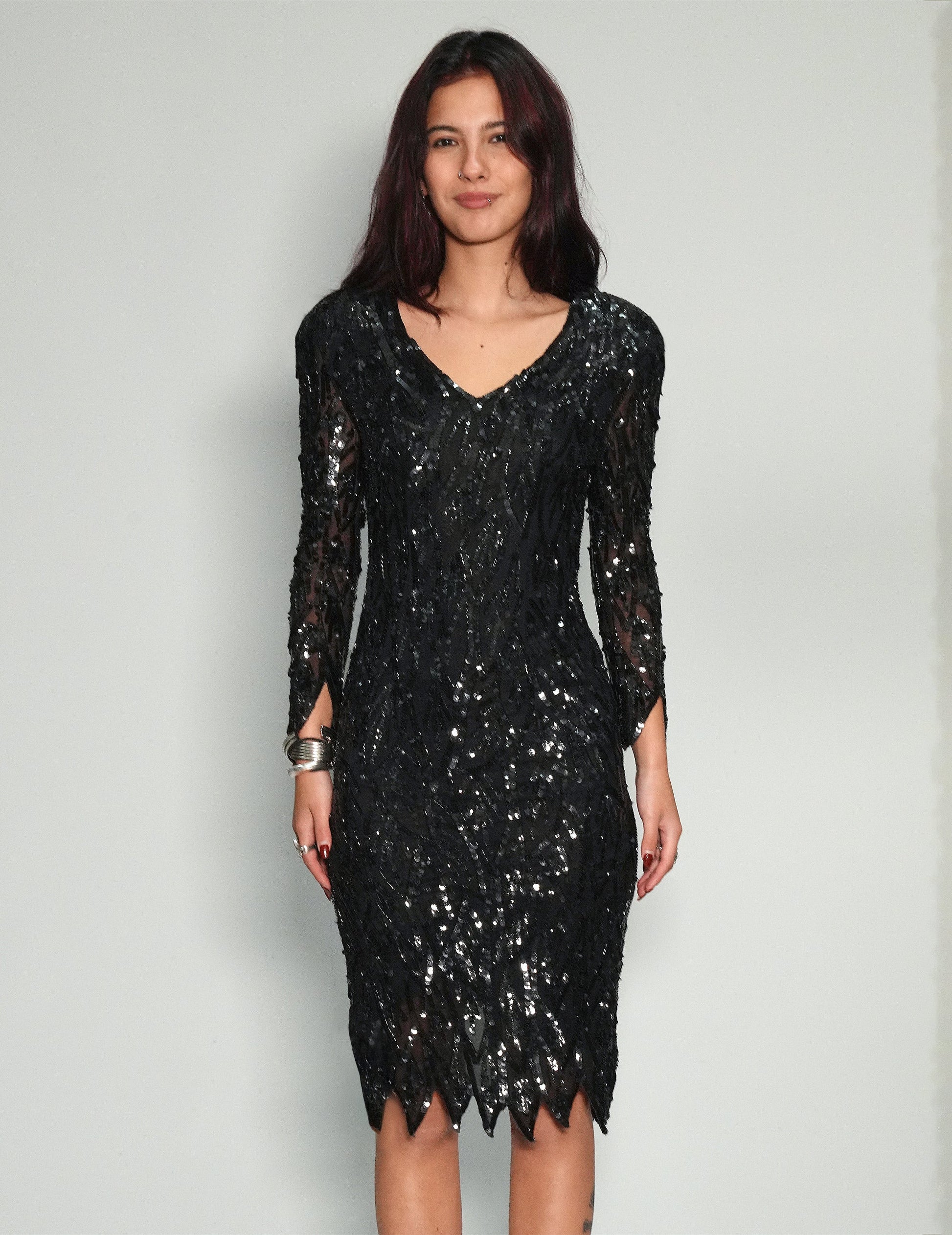 Hand Beaded and Sequinned Evening Dress - Black