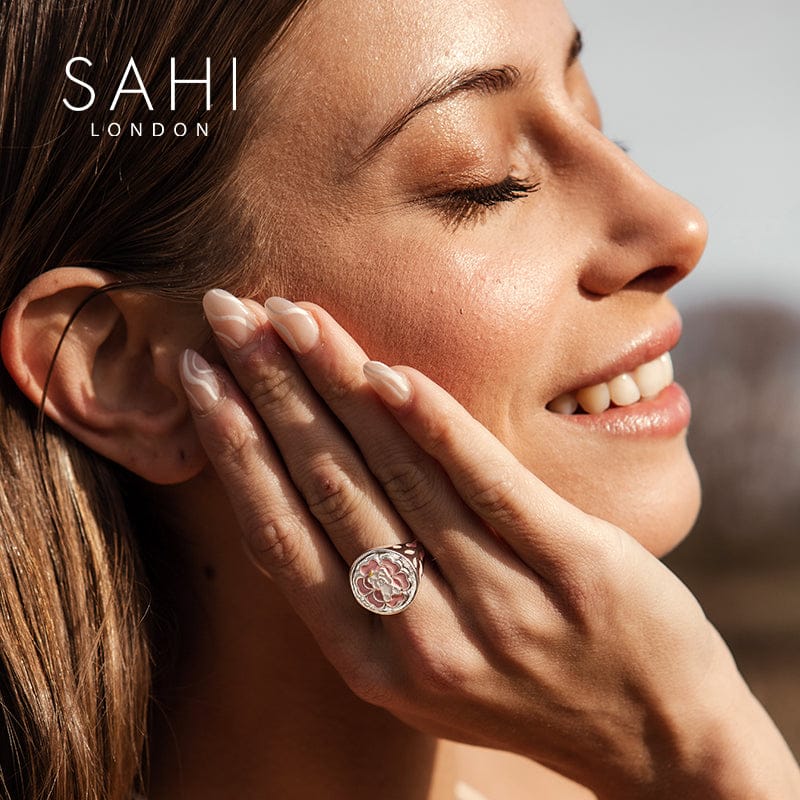 Gold Enameled Camellia Bear Ring