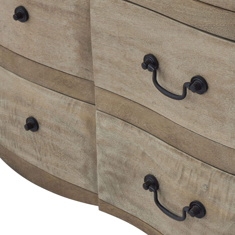 French provincial bleached wood chest with black iron handles, three spacious drawers, and modern farmhouse style. by Sostter at brixbailey.com
