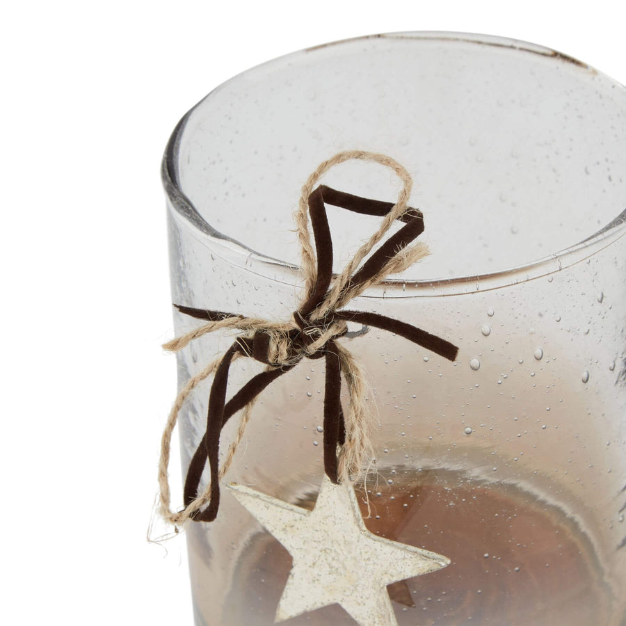 Handcrafted coffee ombre glass votive with floating star, twine bow, and gradient from clear to brown. by Sostter at brixbailey.com