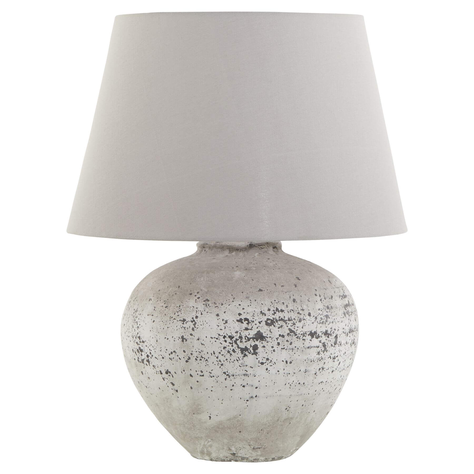 Handcrafted stone-effect ceramic lamp with light grey fabric shade, organic texture, and warm ambient glow by Sostter at brixbailey.com