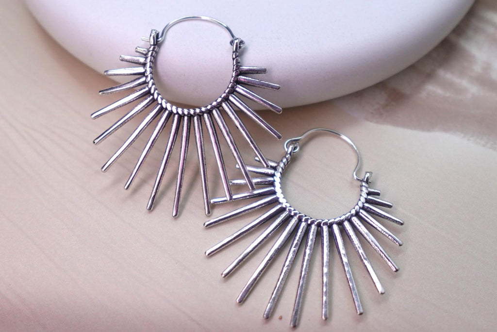 Boho style Brass Sunburst Hoop Earrings.