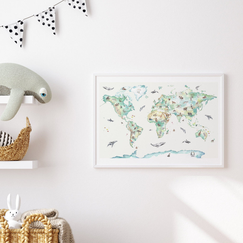 Hand-painted wildlife world map print for children